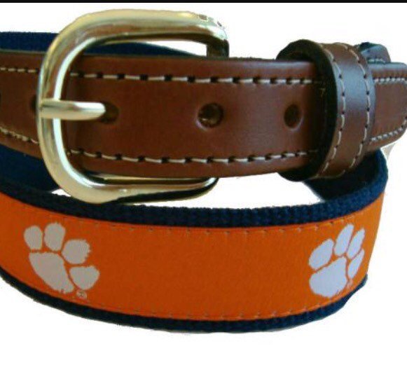 Clemson Tigers ribbon belt with webbing and Leather Belt ends. Officially licensed Clemson University product.