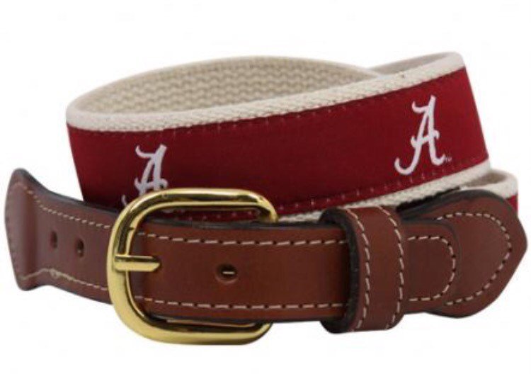 Alabama ribbon belt with Script A woven logo on cotton webbing with  Leather Belt ends. Men's belt licensed.