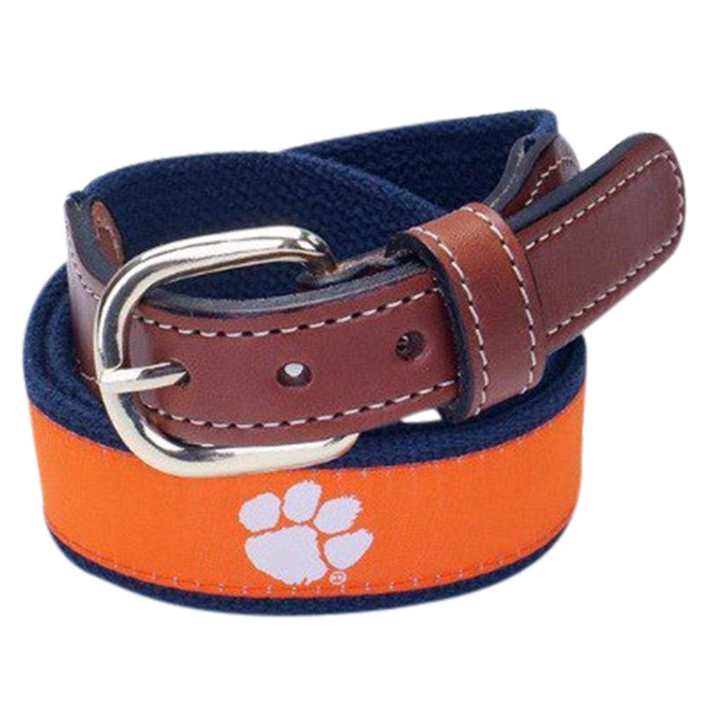 Clemson Tigers ribbon belt with webbing and Leather Belt ends. Officially licensed Clemson University product.