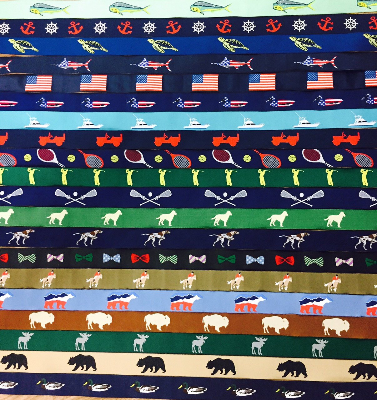 Outdoor ribbon Belts. jeep,lab,bear,horse,bow tie, fishing boat,us flag belts